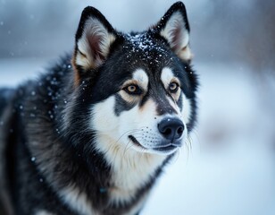 Obraz premium Closeup portrait of husky in winter snow. Focus on expressive eyes, fluffy fur. Sled dog covered in snowflakes, standing in snowy landscape, watching out, cold weather. Energetic mammal explores