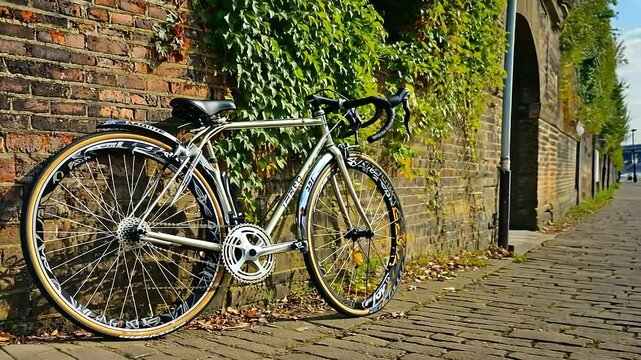 Frames A minimalist and artistic shot of a classic bicycle resting against an old bric a-2, 25544263
