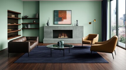 A minimalist living room with pale mint green walls, a sleek concrete fireplace, and industrial-style built-in shelves