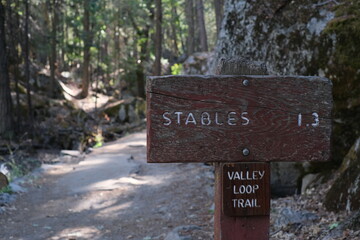 Wooden Trail Sign on Valley Loop Trail in Yosemite National Park