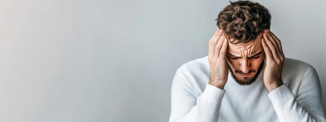 A man suffers from a severe headache while holding his head with his hands. The concept of migraine, stress, fatigue and overwork.