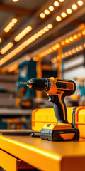 Cordless drill-driver in the workshop on a wooden table. Tool with yellow and black design, drill bits and toolbox next to it. Ideal for repair, construction and woodwork.
