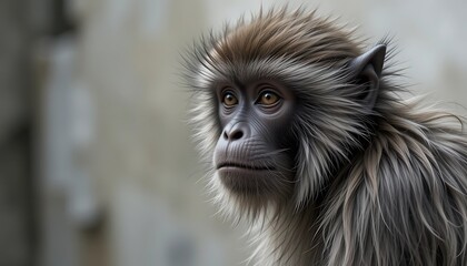 Obraz premium Close-up portrait of a young, fluffy-haired monkey with expressive eyes, looking pensively into the distance against a blurred background.