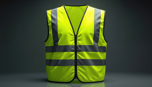 High-visibility reflective neon yellow safety vest with gray reflective stripes. Protective workwear apparel for construction, road work, transport, rescue, logistics, emergency services, night work,