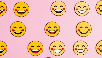 Fototapeta premium Pink background with many happy smiling emojis, blush on cheeks, big toothy grins, cheerful mood, positive vibes, bright yellow faces, flat lay pattern, fun design, expressive emoticon art.