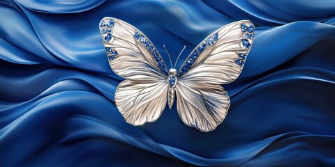Luxury artistic butterfly, a modern and elegant brushed silver butterfly with sapphire gemstones resting on a deep blue flowing silk fabric,