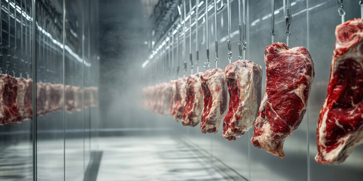 Fresh meat carcasses hanging on hooks in the meat processing plant's cold room. Beef production, processing and storage. Farming, food processing, meat industry, chilled products.