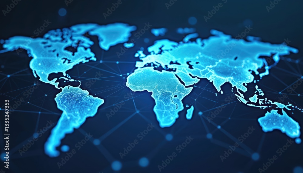 Poster glowing digital blue world map with network lines connecting continents. prominent design for tech, 