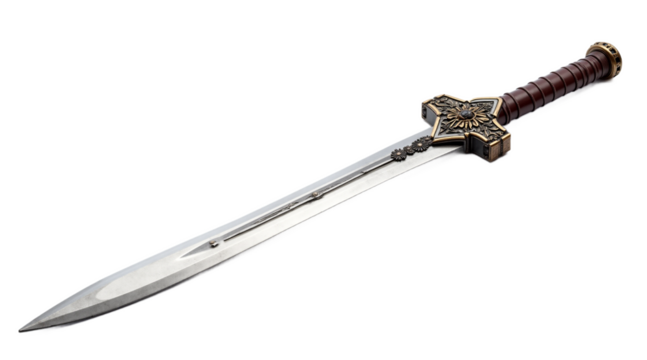 Fantasy short sword with floral guard, bronze accents, and leather handle. Ornate, detailed, and elegant weapon for fantasy designs, RPG games, or historical themes.