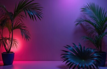 Obraz premium Moody illuminated night background with tropical palms, copy space in vibrant retro style. Exotic fluorescent green leaves on dark colorful jungle plants flora in pink neon light. Minimal botany