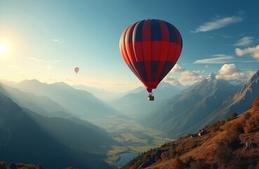 Fototapeta premium Scenic view of hot air balloon flying over mountain valley. Landscape with clear blue sky, sunlight, clouds. Outdoor adventure travel, freedom, recreation. Picturesque destination for vacation