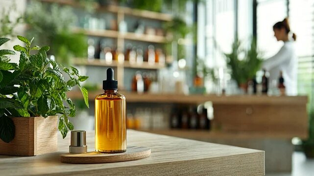 A serene herbal apothecary scene with a focus on a glass bottle and lush greenery in the background