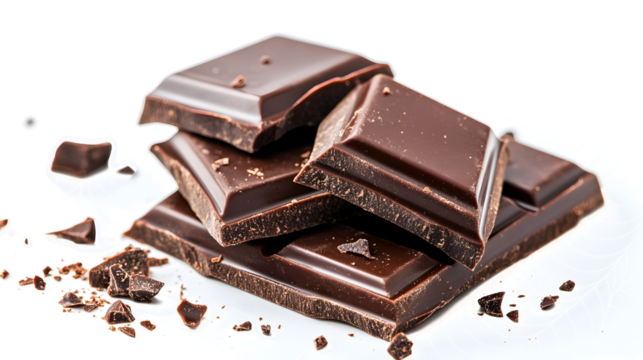 A pile of chocolate bars with some of them broken. The chocolate is dark and the pile is on a white background