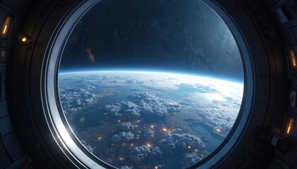 Earth view from spaceship window planet, clouds, starry night sky. City lights glow beneath cloudscape horizon. Illustrates space exploration, travel, future, science, astronaut mission concept.