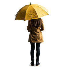 Rear view of young woman with yellow umbrella, cut out, isiolated, transparent png, add your own background.