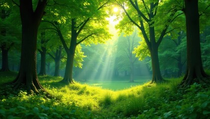 Obraz premium Sun-dappled square in lush green forest clearing, floor, woods, environment