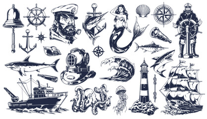 Nautical art with sea life and ships © DGIM studio