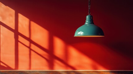 Obraz premium Teal pendant light casts shadows on red wall