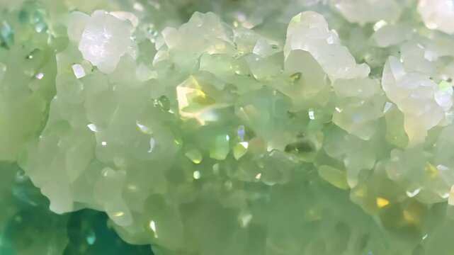 Close-up view of green prehnite crystalline mineral formations, showcasing various shapes and sizes of crystals with a shimmering effect.