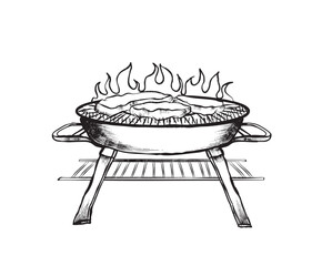 Barbecue grill cooking meat with flames rising up