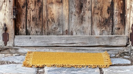 A bohemian-style jute doormat with fringed edges, adding charm to a wooden cabin entrance.