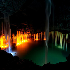 Obraz premium Vibrant Illuminated Waterfall in a Dark Cave with Colorful Reflections