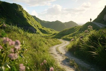 Winding Path Through Lush Green Hills with a Solitary Figure in the Distance