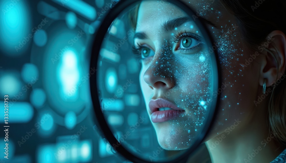 Poster Person uses magnifying glass to focus on identity verification. Financial security, access personal finance data with biometrics security. Concept of KYC, authentication. Digital cyberspace, privacy