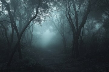 Enchanted Forest Pathway Shrouded in Mist and Shadows Mysterious Woods Dark Trees Foggy Atmo