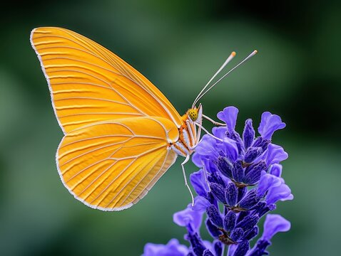 Vibrant yellow butterfly perched on purple flower against a blurred green background