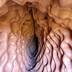 Mysterious wavy canyon walls form a narrow passage with smooth, wet surfaces and shadows.