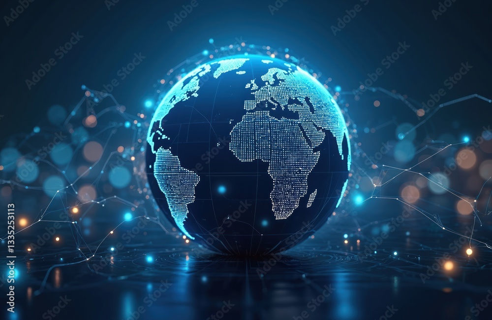 Aufkleber Smart digital tech global network connects continents. Business globe internet info backdrop, modern data net. Futuristic tech design for cyberspace with blue light spheres and web connections.