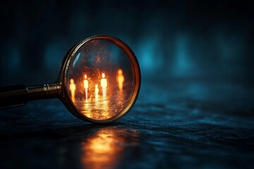 Magnifying Glass Reveals Glowing Human Figures Mysterious Dark Background Abstract Digital Art Intense Orange Light Dramatic Scene Conceptual Image   