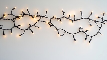 A string of warm white fairy lights on a plain background, ideal for decoration.