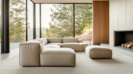 A modern living room with a beige sofa and ottoman placed in front of a floor-to-ceiling window