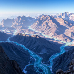 Fototapeta premium Serene Aerial View of Winding River Through Majestic Mountain Ranges Under Clear Blue Sky