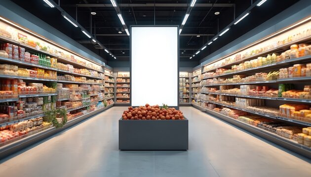 Supermarket shelves filled products, blank vertical advertising banner. Modern retail store indoor. Mockup POS display template for promotions announcements. Grocery shopping business concept. Empty