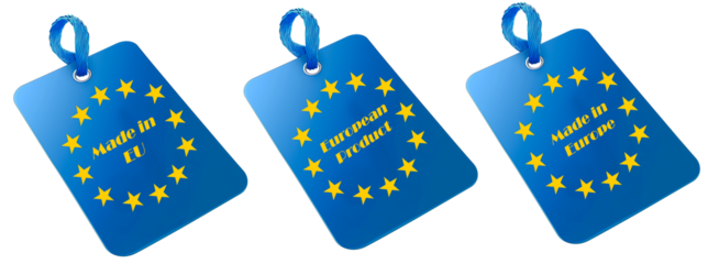 set de etiquetas con la bandera de la Unión Europea con denominación de productos de Europa para comprar local