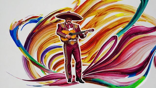 A mariachi musician in a traditional charro suit plays the guitar as swirling watercolor strokes of red, yellow, and blue create a vibrant, expressive background of energy and motion