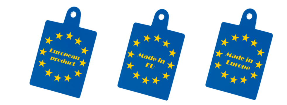 set de etiquetas con la bandera de la Unión Europea con denominación de productos de Europa para comprar local. Made in Europe. 