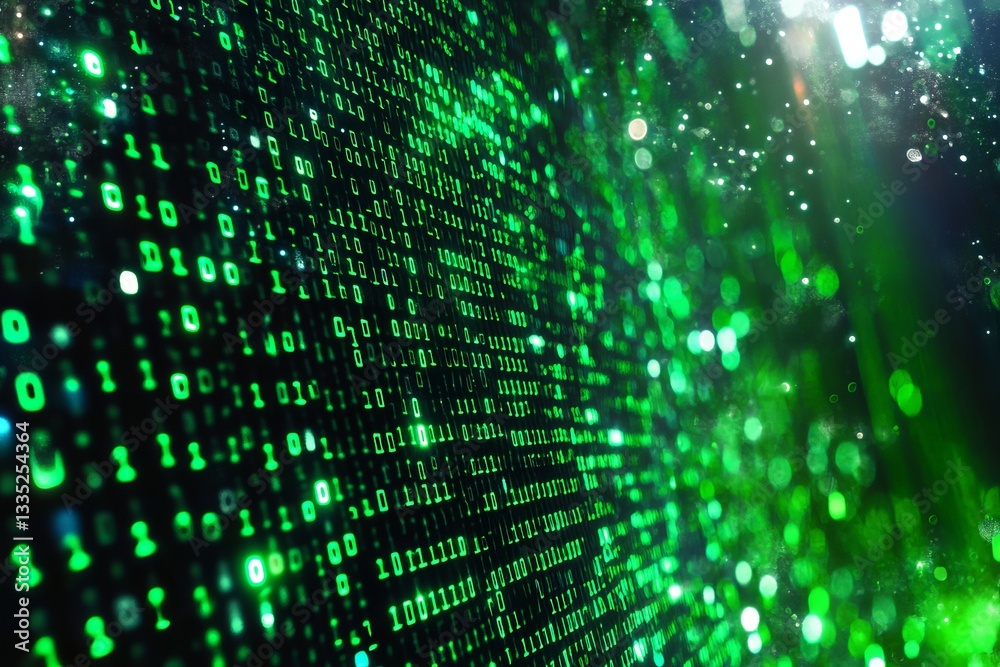 Poster abstract green digital code binary data stream background technology futuristic neon glowing bright 