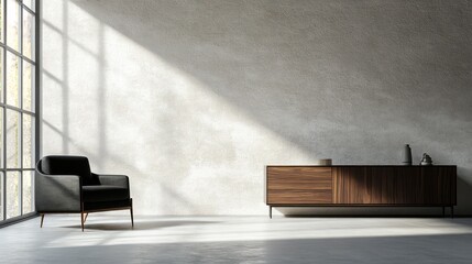 A modern living room with a textured light gray wall, a dark oak sideboard, and a minimalist black armchair