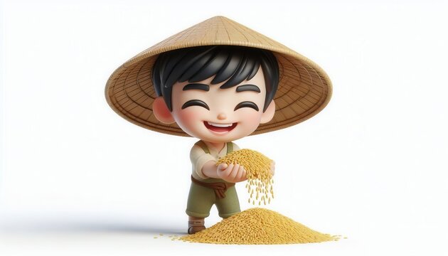 Joyful child harvesting rice in rural setting animated character cheerful environment