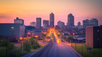 Fototapeta premium A city skyline view at dusk with lights glowing