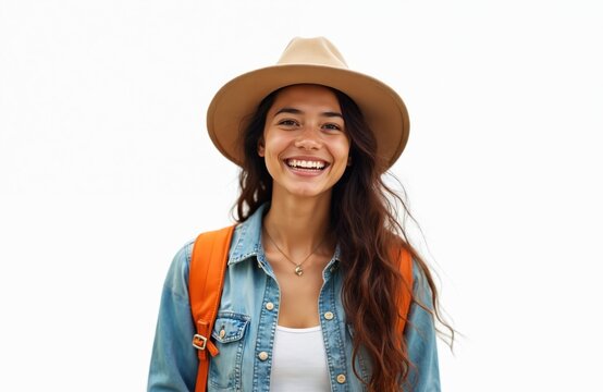 Smiling woman in hat ready for adventure. Traveler with backpack isolated against transparent background. Happy girl, young explorer with cheerful expression ready for hiking, travel, vacation.