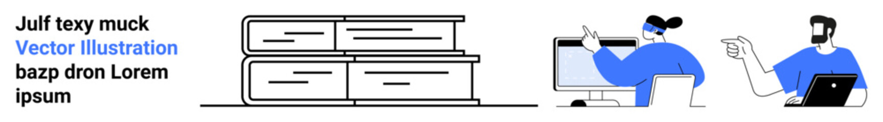 Stack of books beside two colleagues discussing ideas on a computer screen. Ideal for education, teamwork, learning, research, workplace, creativity, flat landing page banner