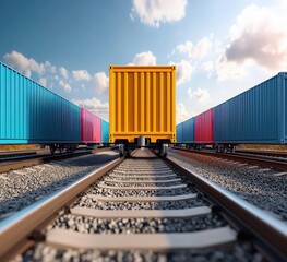 Obraz premium A vibrant yellow cargo container leads a train of colorful containers down a railway track under a bright, sunny sky.