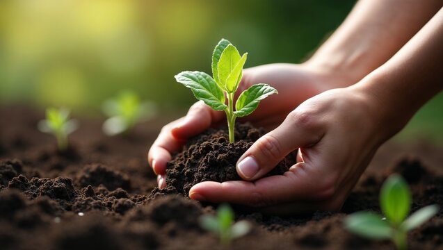 Close-up of hands planting a young seedling with soft diffused lighting in moist soil