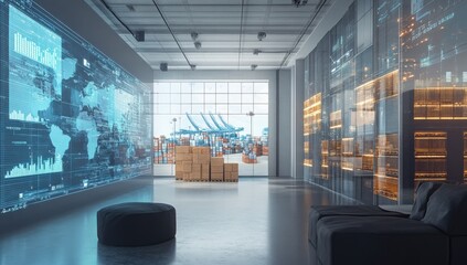 Modern warehouse interior with a large screen displaying global logistics data. Cardboard boxes are in the foreground, and the large window showcases a cargo port.