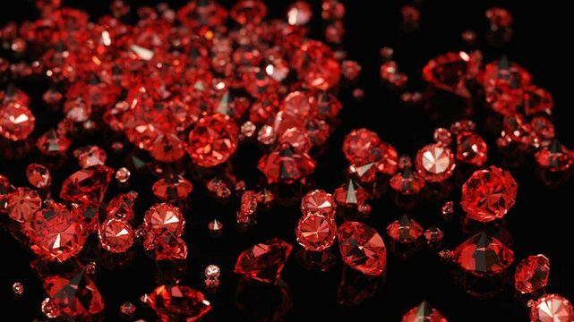 Lot of red ruby on a black table. Lot of jewelry close up. 